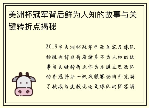美洲杯冠军背后鲜为人知的故事与关键转折点揭秘 美洲杯冠军背后鲜为人知的故事与关键转折点揭秘